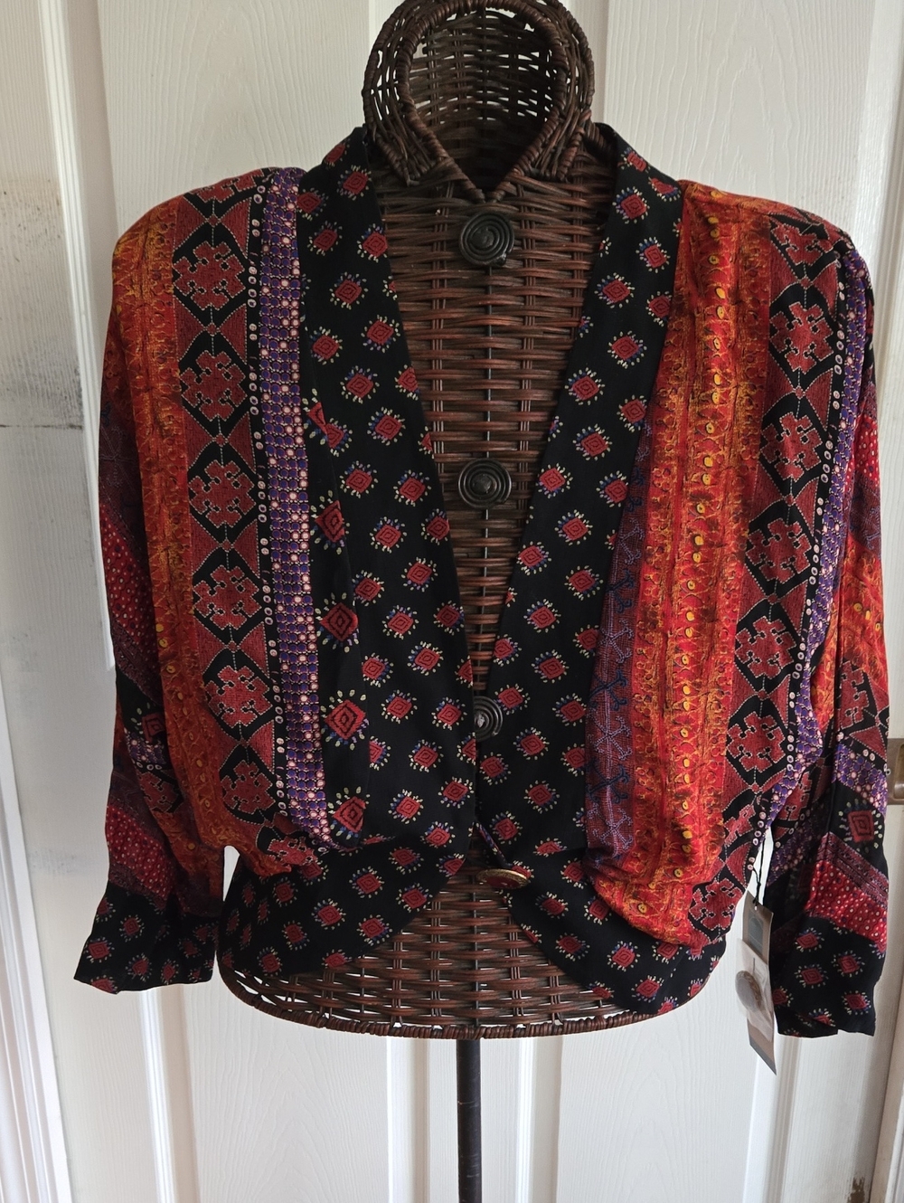 Carole Little Multicolor Printed Button-Front Open  Blouse - Black, Red & Purple